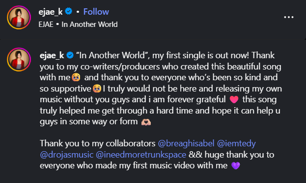 EJAE thanked everyone for the support she has received as the single was released, image via @ejae_k via Instagram