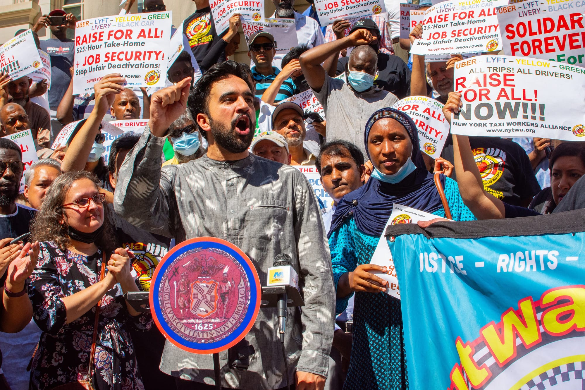 Zohran Mamdani at the Resist Fascism Rally in Bryant Park, New York, on October 27, 2024, speaking passionately to the crowd