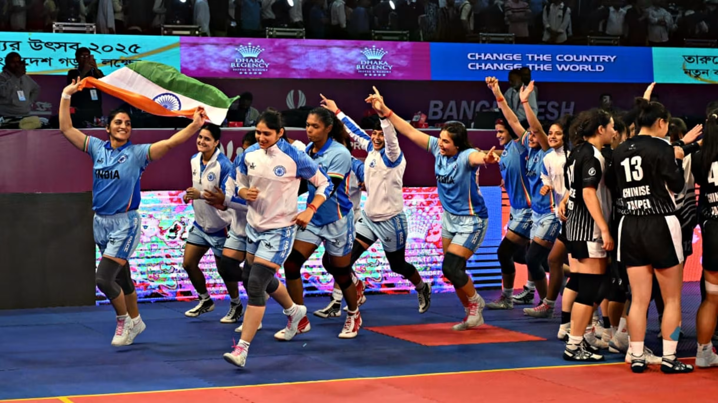 Indian team celebrating women's kabaddi world cup 2025 win