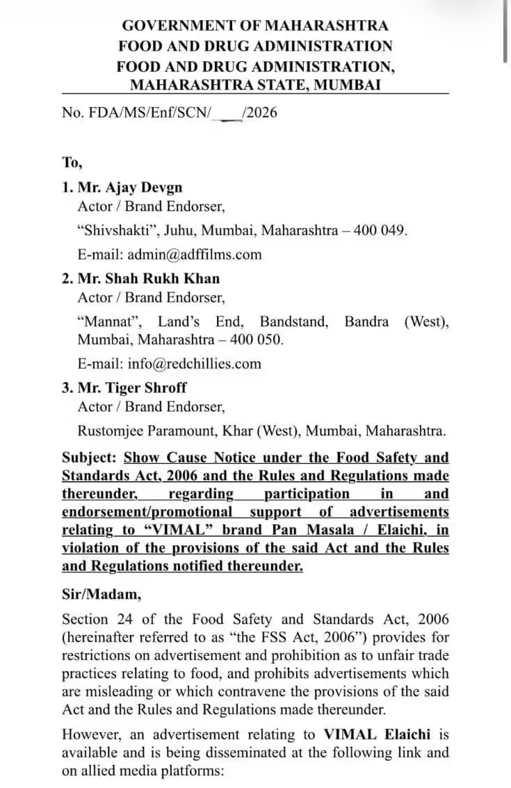 FDA Issues Notice to Actors Over Vimal Elaichi Ad