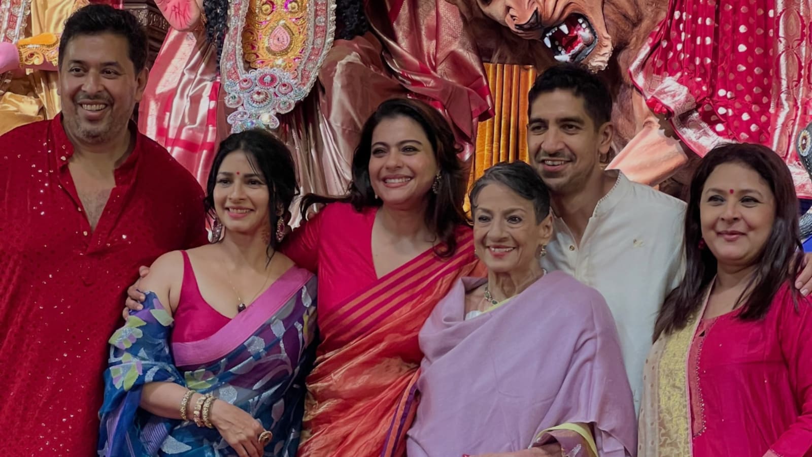Kajol, Tanuja and Tanishaa Mukerji at the North Bombay Sarbojanin Durga Puja celebrations in 2026. Source: Here