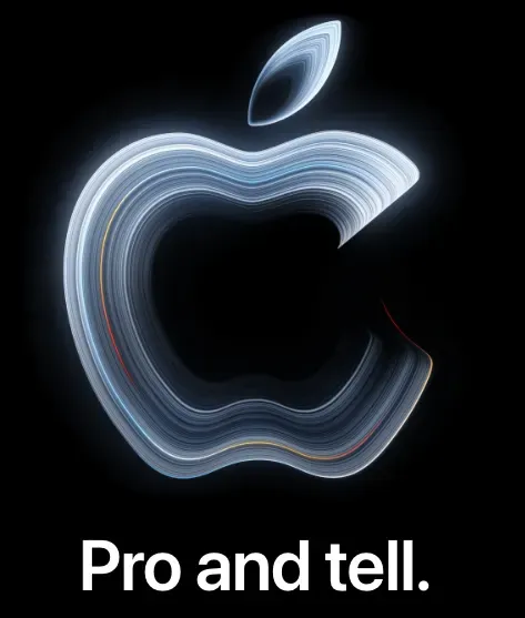 A media invite sent out by Apple for the upcoming "Pro and Tell" event featuring a new glowing, abstract logo made of flowing metallic lines on a black background, with the white text “Pro and tell.” below it.