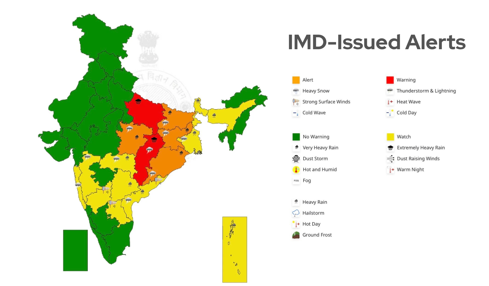 IMD-issued weather alerts across India, showing regional warnings for heavy rain, thunderstorms, and other conditions