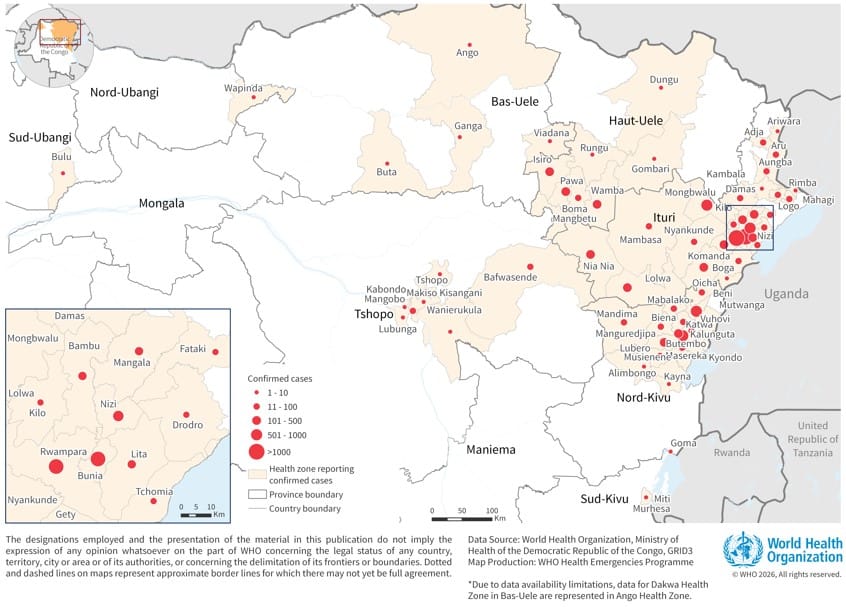 A map of the northeastern DRC showing the geographic distribution of confirmed Bundibugyo virus disease cases. Red circles of varying sizes indicate the number of cases in different health zones, with the largest concentration of over 1,000 cases located in the Ituri province.