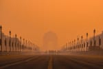 A thick layer of smog engulfs India Gate in New Delhi as the air quality deteroirates in the national capital.