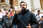 Zohran Mamdani spoke at the Resist Fascism Rally in Bryant Park, NYC, on October 27, 2024, during a political demonstration.