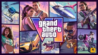 GTA VI cover art featuring the game logo, characters, vehicles, and wildlife against a vibrant Vice City backdrop.