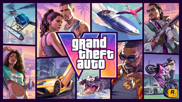 GTA VI cover art featuring the game logo, characters, vehicles, and wildlife against a vibrant Vice City backdrop.