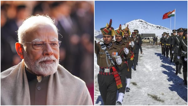 PM Narendra Modi (L) File Photo of Indian and Chinese soldiers