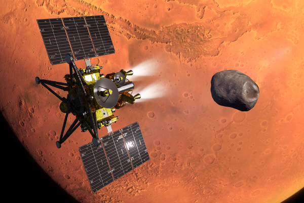 The MMX probe in Mars's Orbit, along with the moon Phobos.